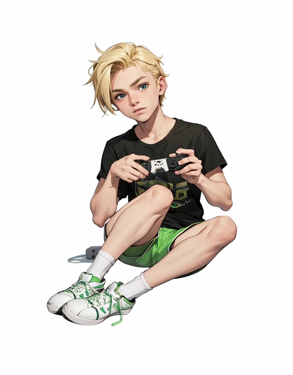 blonde ager, 16 yry handsome, blond hair, sitting holding a white video game controller, wearing green shorts and a black t-shirt