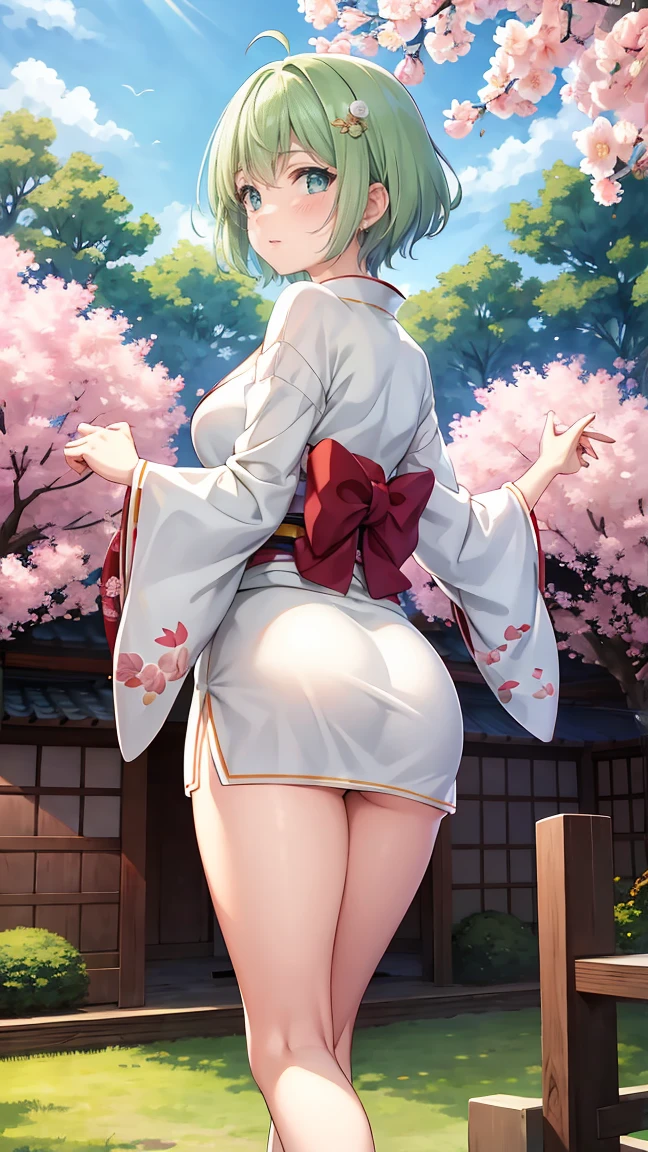 Girl with short green hair, Small breasts, Green Eyes, White Casual Wear Beauty Special、(((Peachy Butt))),Full body photo from head to toe、Kimono、Patterned Japanese clothing、Cherry tree in full bloom、Fluttering petals、Tea Ceremony、Graceful Manners、Tea party、Chatting in a Japanese-style room、Leaning forward、A composition that makes the buttocks redundant