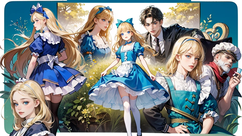 masterpiece, Highest quality, Portraiture, 1 Girl, (Alice in Wonderland:1.2), Blue clothes, White apron, Blonde, blue eyes, Usagi, Trump, Tea cup, White lace thigh high socks, Miniskirt lift, Half Body, Dynamic pose
