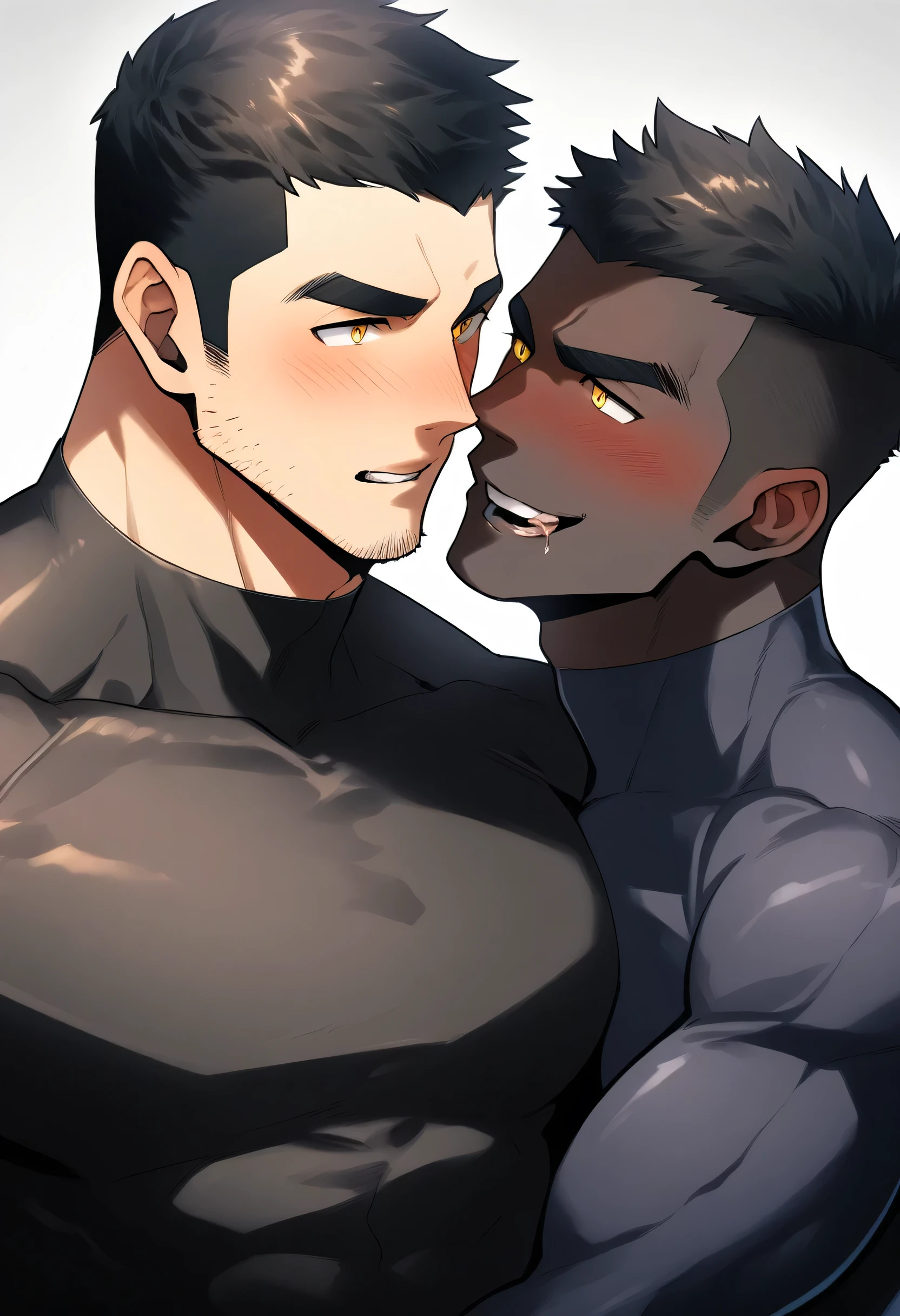 anime characters：Two superheroes in tights, Muscle superhero,Black Short Hair, negro black skin, They hugged and kissed each other, Bite your neck, Caress, Manliness, male focus, Yellow and black high collar long sleeve tight T-shirt, Slightly transparent material, Very tight, Round, full and perky chest muscles, Male dog waist, Slightly transparent, muscular male, muscular, only, Upper body, alone, Black Short Hair, Thick eyebrows, stubble, Yellow eyes, Grey background, simple background, amazing quality, best aesthetics, Ridiculous, bright pupils, crew cut, parted lips, torogao, naughty face, blush, saliva trail, drop shadow, best quality