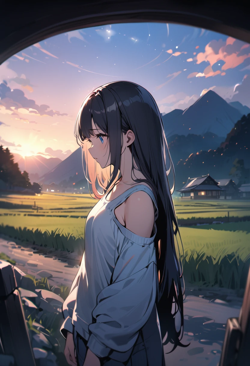 BREAK long hair, black hair, straight hair, short bangs above brows, blue eyes, sad, looking away,
(masterpiece), (high resolution 8K), cinematic lighting, professional lighting,
BREAK 1 girl, very cute, detailed eyes and face, detailed body,
BREAK tank top, standing, from side,
BREAK japanese rural landscape, rice paddies, gravel road, beautiful starry sky, night, detailed background,