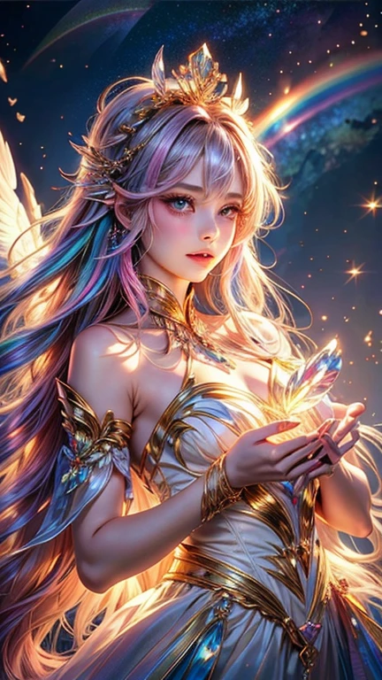 ((masterpiece, 最high quality, high quality, High resolution, Super detailed)),Very cute Cupid、{{{child}}}With rainbow-colored wings、Surrounded by hearts、Full of good fortune、people々Give good luck to、All the love is on her side。Shining like crystal、Fantastic Tiara、Breathtaking beauty、Milky Way、universe、Beautiful and shiny hair、A rainbow-colored aura surrounds her.、Goddess who sees into the future、Beloved woman、Rin々Looking at me intently