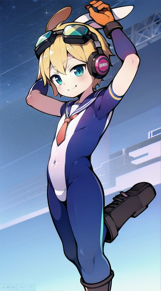 2D Boy Shota，One-piece mountaineering suit，Slim, healthy body，Put the headphones on your head，stand up，goggles，Rabbit ears，happy，Sailor collar，tie，Zipper pulled down，boots