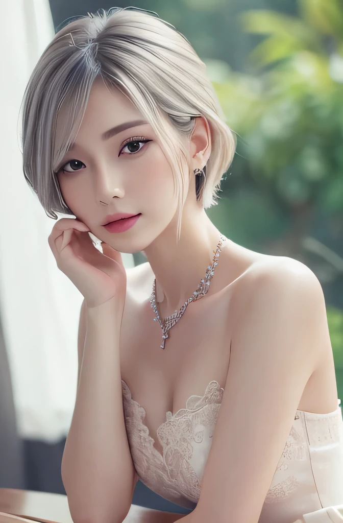 Red lace tong&OK, (((Very elegant and beautiful, Perfect details, Very detailed))), whole body, The most detailed girl, Writing border depth, Beautifully detailed whole body, Thin legs, 1 girl, 30 years old, Very short hair, Spiked Hair, Gray and Silver Hair, Beautiful and fine hair, Perfect face, Poker face, Delicate and deep eyes, Open your mouth a little, Slender arms and hands, Pale skin, earrings, Beautiful and gorgeous necklace, Colored background, HD Background, Blurred background, Very refined, masterpiece, (((Best quality, Very beautiful 8K CG wallpaper))), (((Popular hairstyles))), (In the room,Stylish interior,window),