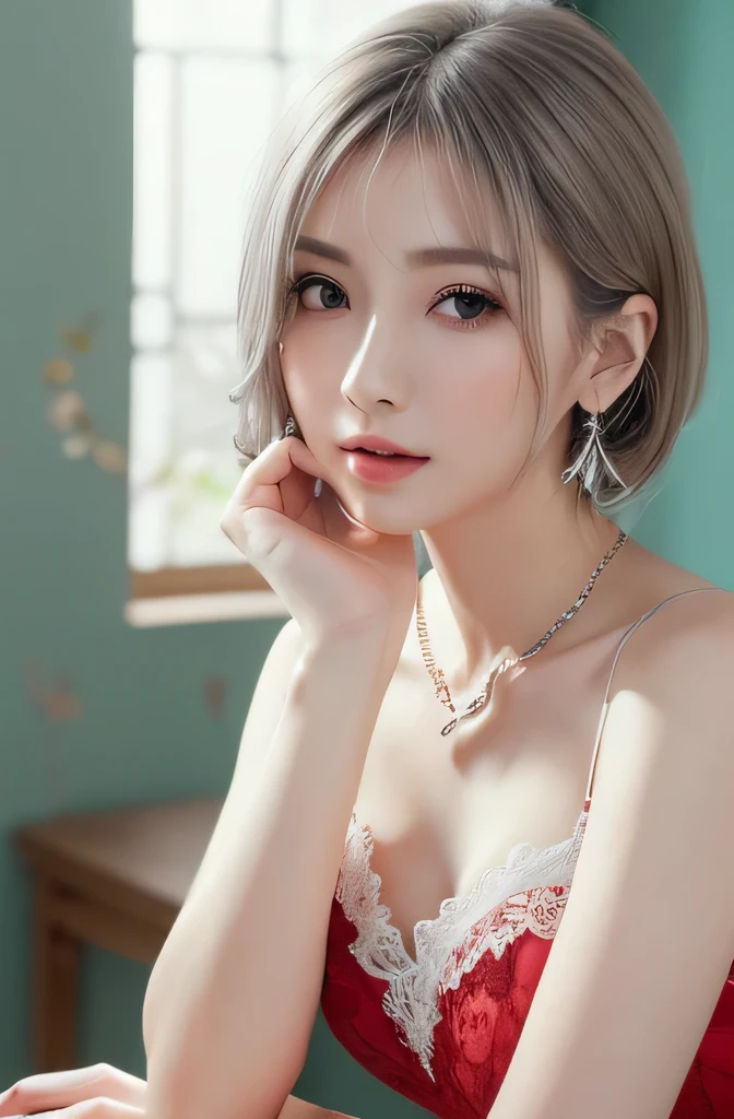 (8K, Photorealistic, Raw photo, of the highest quality: 1.3), (1girl in), Super beautiful, (Realistic face), (boyish, Silver Color Berry Shorthair), Beautiful , Glare that captivates the viewer, Beautiful expression, Beautiful breasts, (Realistic skin), Be...
