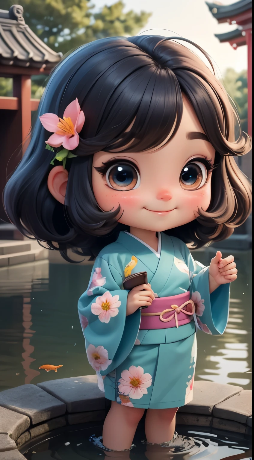 Create a li bahibi version of the Alice character in an 8K resolution. A young girl in a wave-patterned kimono and with a flower hair ornament feeds carp in the pond at Sensoji Temple in Tokyo, It's sunny, Detailed eyes, clear outlines, kawaii pose, A smile, Raise your right hand, Eye Up, Laugh, radiant light, Taken from the side. She should look adorable and cute. Give him a smiling expression and a sweet smile on his face, capturing the essence of the character in a delicate and charming way.