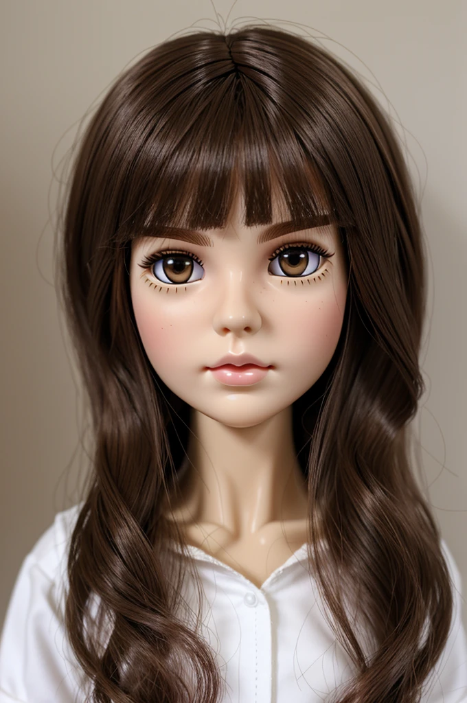 create a white skin blyth doll, no bangs, long dark brown hair, dark brown eyes with eyeliner and pink lips