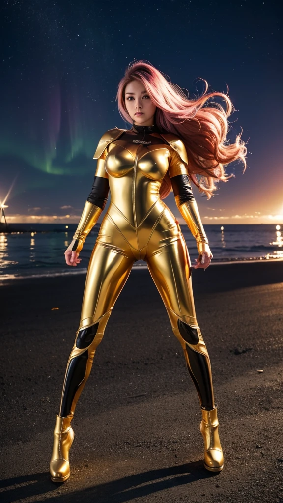 ((best quality)), ((masterpiece)), (ultra detailed lights), ((full body shot)), indonesian girl, extremely beautiful, ultra face details, 20 years old, ((pink curvy-hair)), ((hair blown by strong winds :1.3)), Award-winning photograph, teen goddess in ((full body golden black armor)) are in the middle of battlefield, posing in the middle, (thight golden armour), ((tight latex panty)), epic lights reflections, at beach, epic aurora borealis in the background, shooting stars,