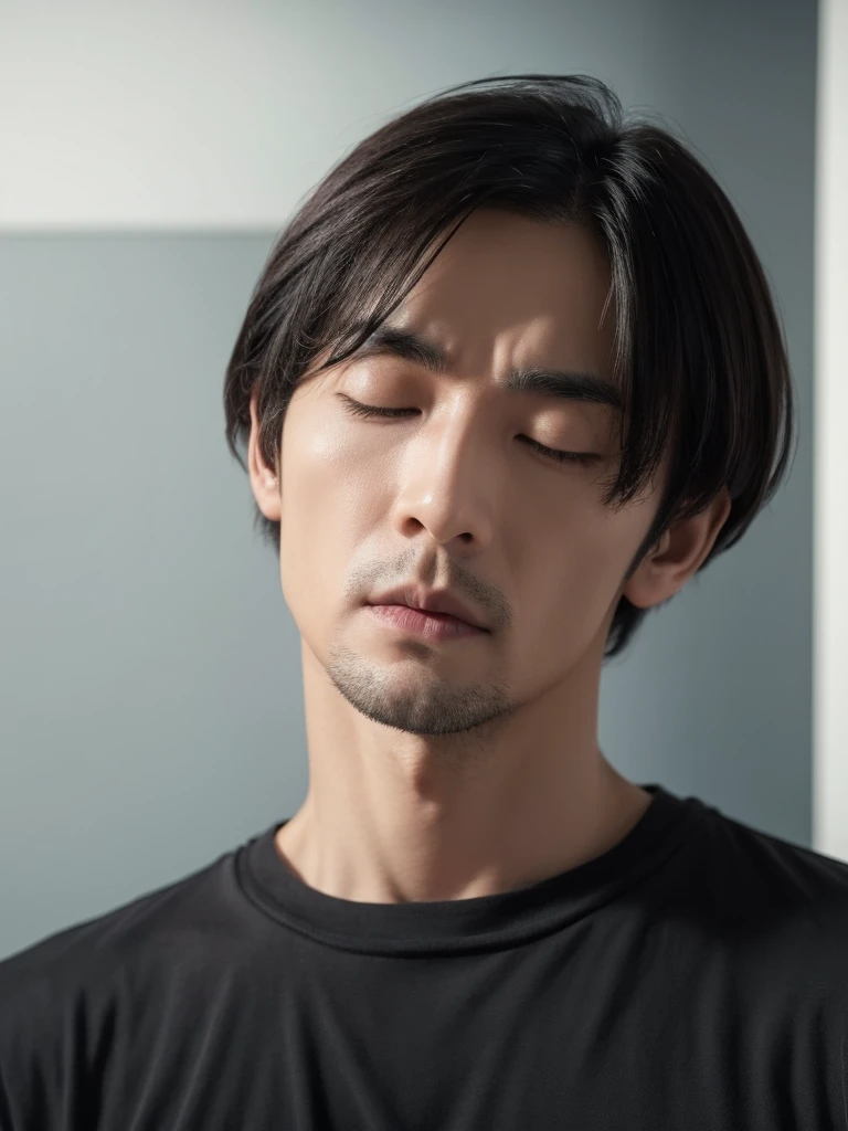 male, middle-aged, man, emaciated, pale skin, jacket, plain t-shirt, scrawny, tall, sanpaku, eyes half-closed, black eyes, black hair, center part,long bob, looking at viewer, frowning, puzzled, japanese, stubble, hooked nose, dry skin, hollow cheek, long face,