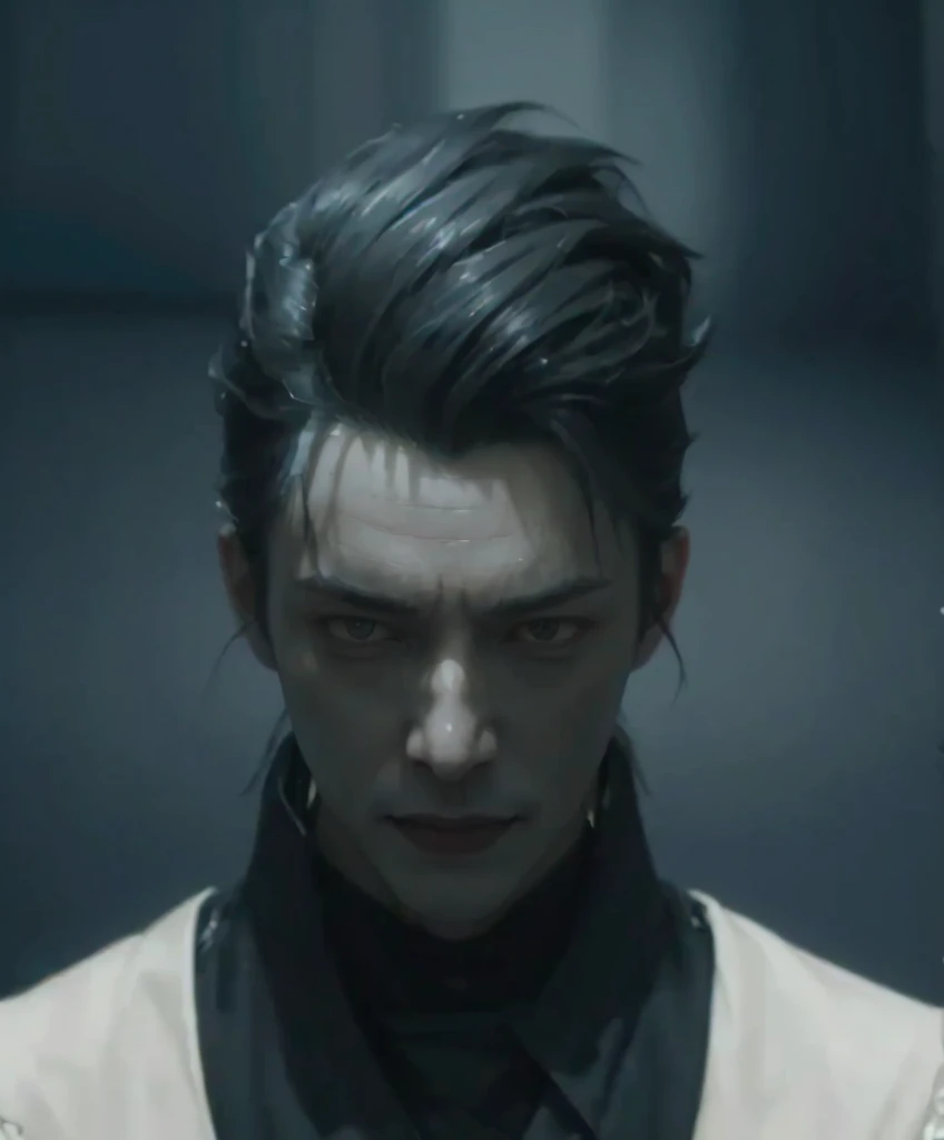  1man, vampire king, short black hair, smirk smile maliciously, defiance, malicious, back slit, androgynous male, delicate androgynous, handsome, Rufus Shinra, Rufus Shinra, David Robert Joseph Beckham, intricate, solo focus, realistic, detailed and correct facial structure, handsome, attractive, slightly muscular, cinematic lighting, unreal engine, trending on ArtStation, intricate details, masterpiece, best quality, by Irakli Nadar, Greg Rutkowski，(((best quality))),(((ultra detailed))),(((masterpiece)))