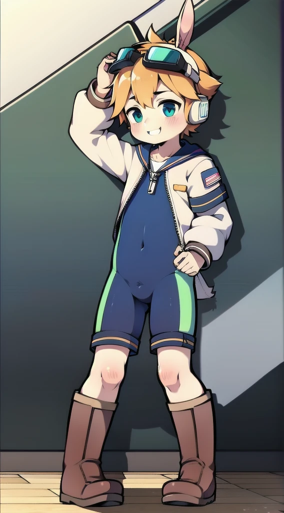 2D Boy Shota,One-piece mountaineering suit,Slim, healthy body,Put the headphones on your head,stand up,goggles,Rabbit ears,happy,Sailor collar,tie,Zipper pulled down,boots