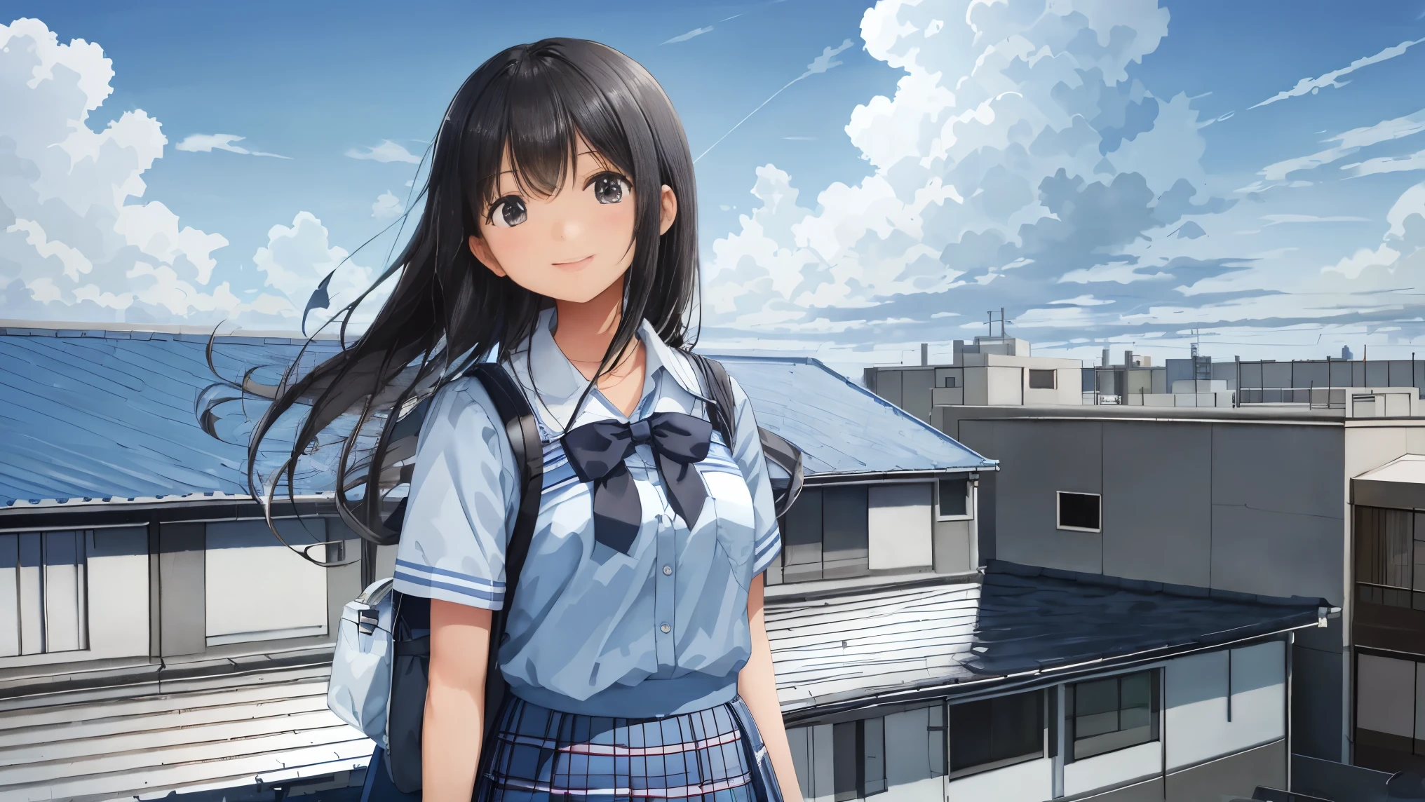 The background is a midsummer blue sky and cumulonimbus clouds、On the roof of the school building, a high school girl is standing in a summer uniform with a checked skirt, looking up at the sky with a refreshing smile and a youthful vibe.、Her long black hair is fluttering in the summer breeze.