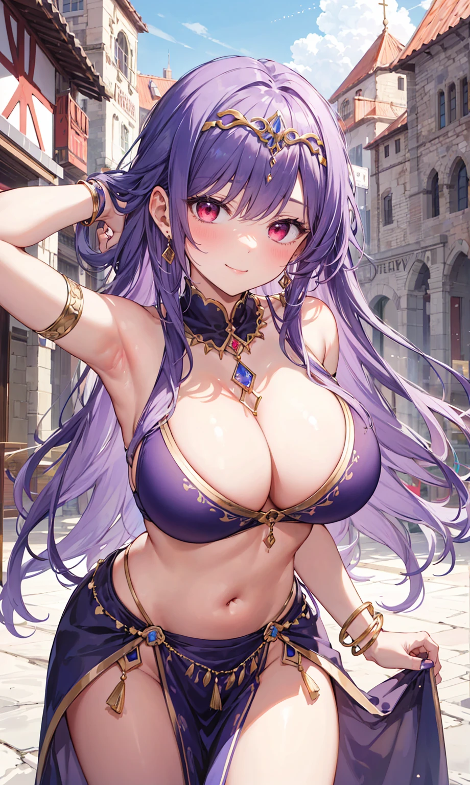 high quality, ultra detailed, best quality, insanely detailed, beautiful, masterpiece, 1girl, medieval plaza, cowboy shot, red eyes, long hair, purple hair, belly dancer, circlet, earrings, armlets, bracelets, bashful smile, large breasts, cleavage, soft stomach