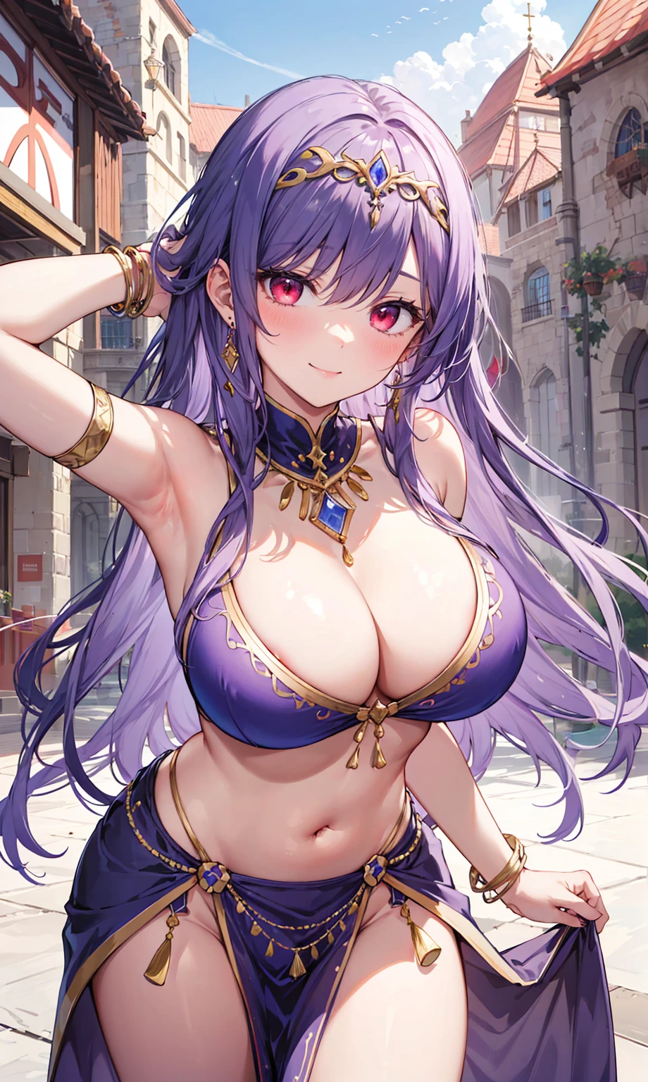 high quality, ultra detailed, best quality, insanely detailed, beautiful, masterpiece, 1girl, medieval plaza, cowboy shot, red eyes, long hair, purple hair, belly dancer, circlet, earrings, armlets, bracelets, bashful smile, large breasts, cleavage, soft stomach