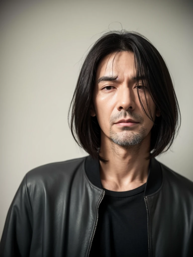 male, middle-aged, man, emaciated, pale skin, jacket, plain t-shirt, scrawny, tall, sanpaku, eyes half-closed, black eyes, black hair, center part,long bob, looking at viewer, frowning, puzzled, japanese, stubble, hooked nose, dry skin, hollow cheek, long face,