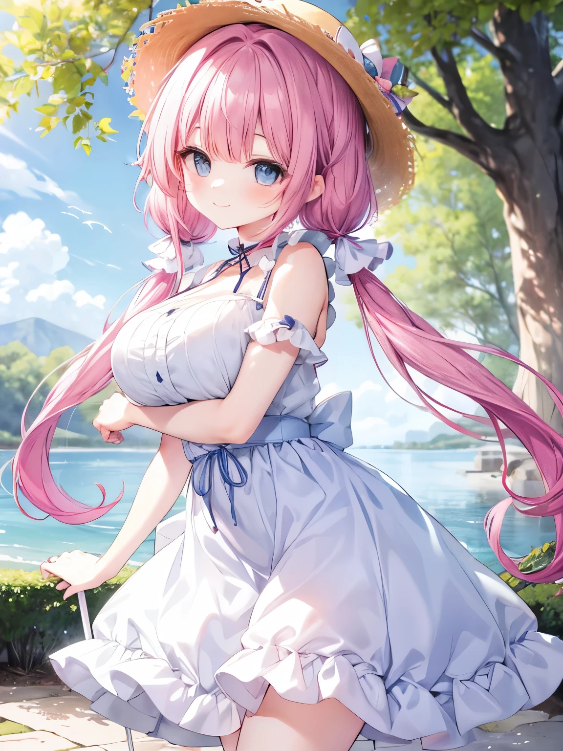 Best Quality,Beautiful Eyes,Very cute face,Beautiful Anime Girl,(Solo Girl),(gigantic breasts:1.2),(large breasts:1.2),(huge breasts:1.2),(big breasts:1.2),(mega breasts:1.2),(Pink hair),(low twintails:1.4),(Light blue eyes),Very happy smile,BREAK,(White lace-up dress,No sleeve,Long skirt,Big straw hat:1.2),forest,Sunlight filtering through the trees,blue sky,Walking,Side angle