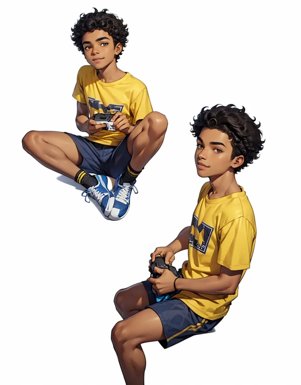black ager, 15 yry handsome, beautiful face, smiling, curly black hair, sitting holding a white video game controller, wearing blue shorts and a yellow t-shirt