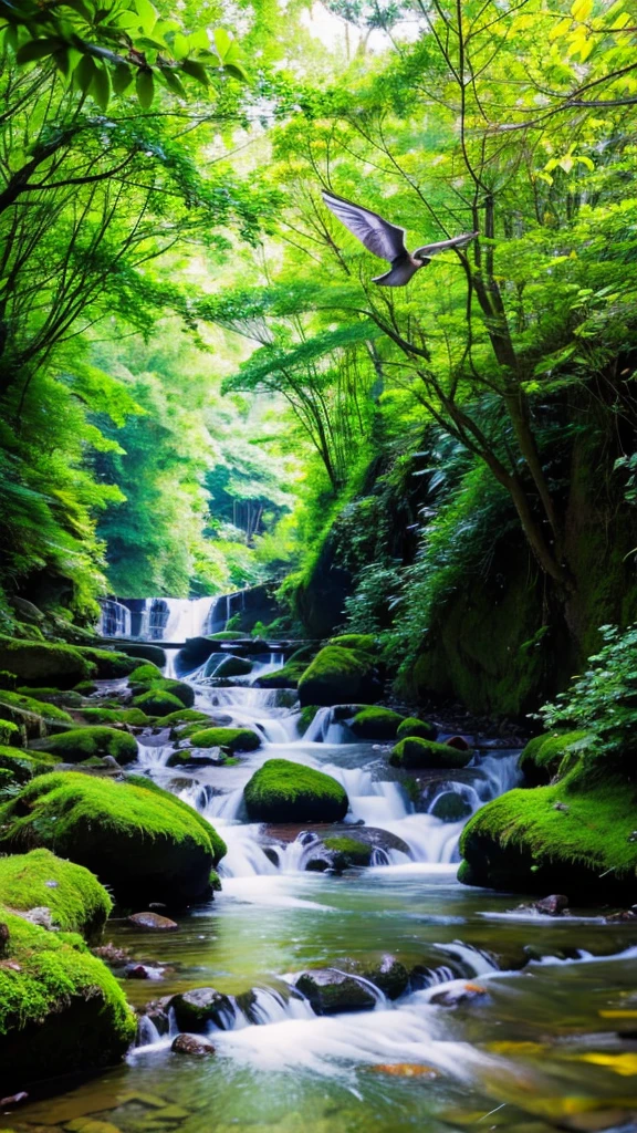 The murmur of a stream、Lush greenery、Birds chirping