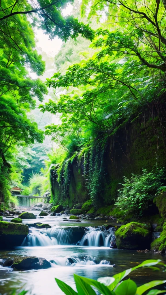 The murmur of a stream、Lush greenery、Birds chirping
