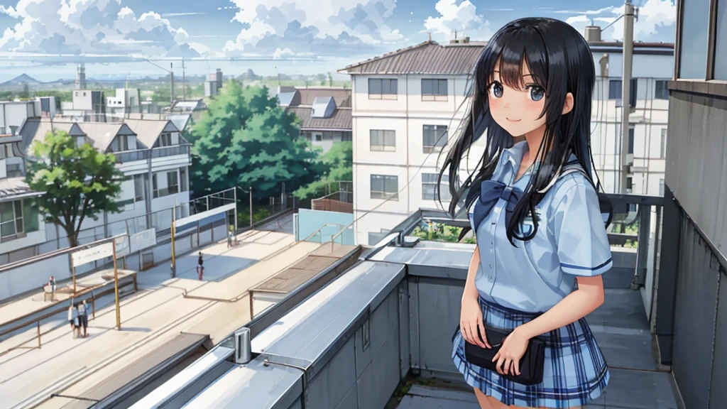The background is a midsummer blue sky and cumulonimbus clouds、On the roof of the school building, a high school girl is standing in a summer uniform with a checked skirt, looking up at the sky with a refreshing smile and a youthful vibe.、Her long black hair is fluttering in the summer breeze.