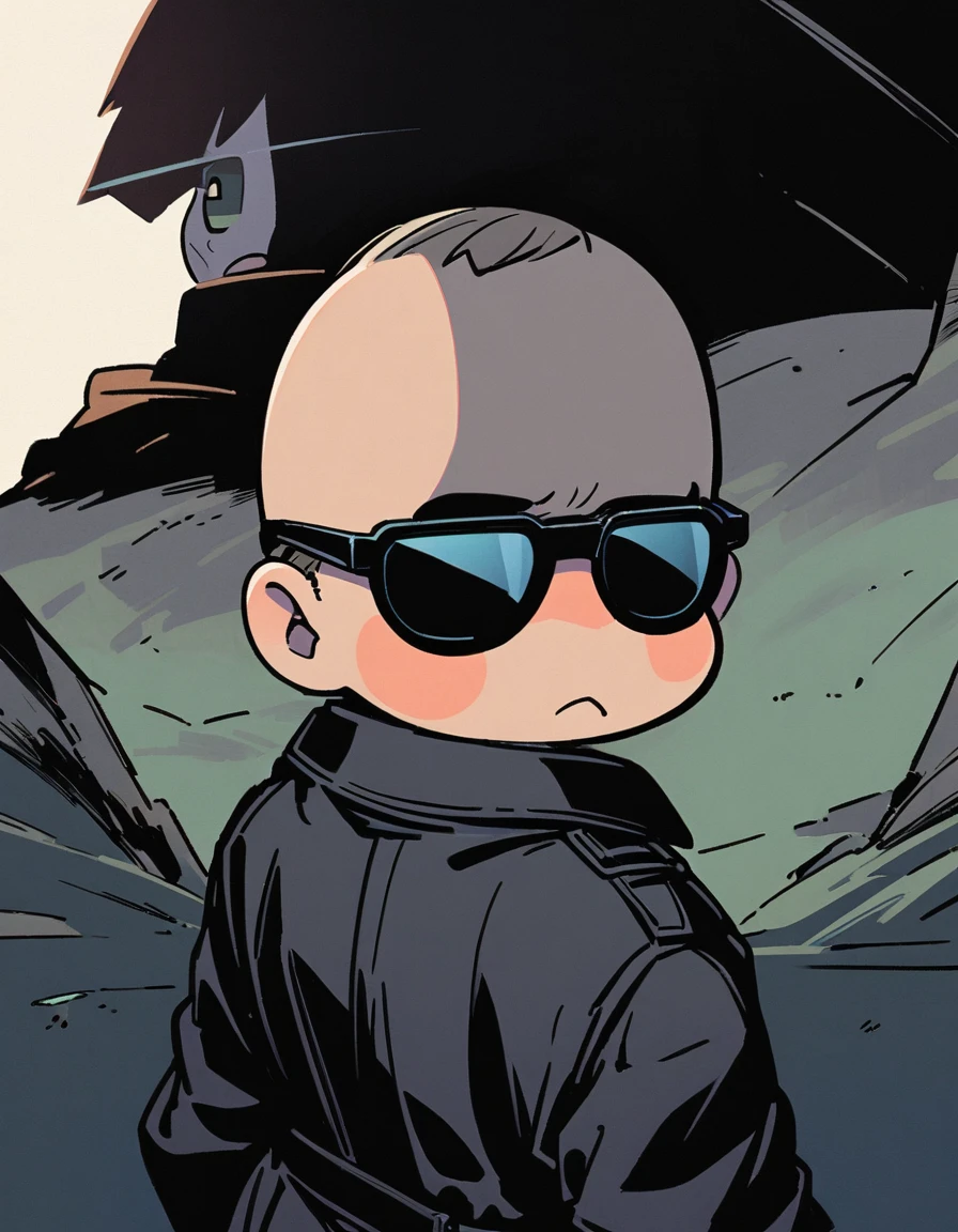 漫画城市猎人style,5-year-old baby boy,Black trench coat,sunglasses,Big back,Full body portrait,cool,Japanese manga artist Hojo Tsukasa'style,OC Renderer,light,very good,Very detailed,CG art,