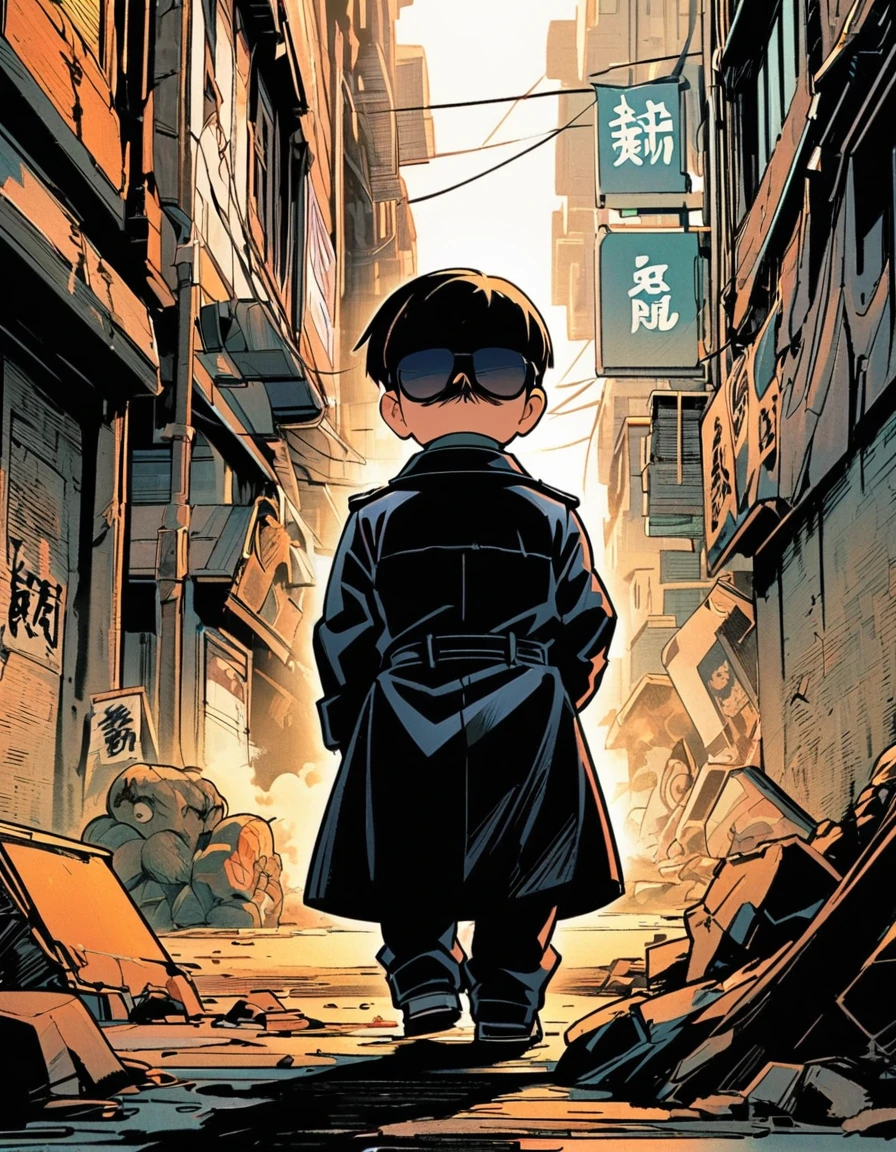 漫画城市猎人style，5-year-old baby boy，Black trench coat，sunglasses，Big back，Full body portrait，cool，Japanese manga artist Hojo Tsukasa&#39;style，OC Renderer，light，very good，Very detailed，CG art，