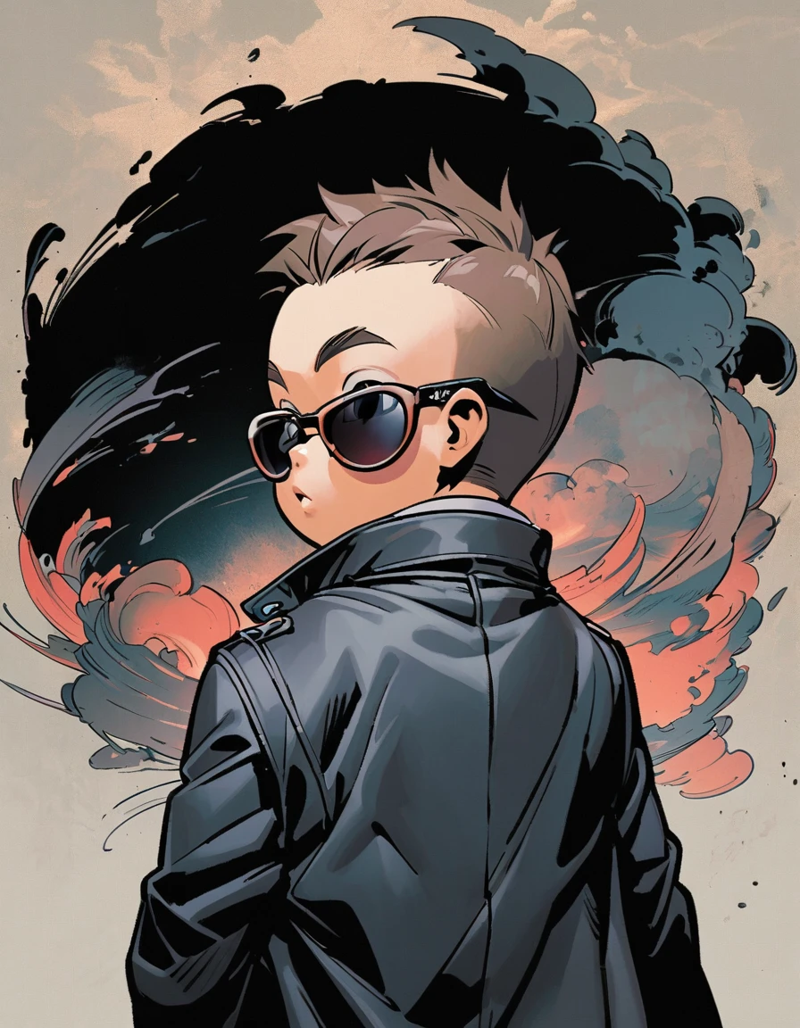 漫画城市猎人style,5-year-old baby boy,Black trench coat,sunglasses,Big back,Full body portrait,cool,Japanese manga artist Hojo Tsukasa'style,OC Renderer,light,very good,Very detailed,CG art,