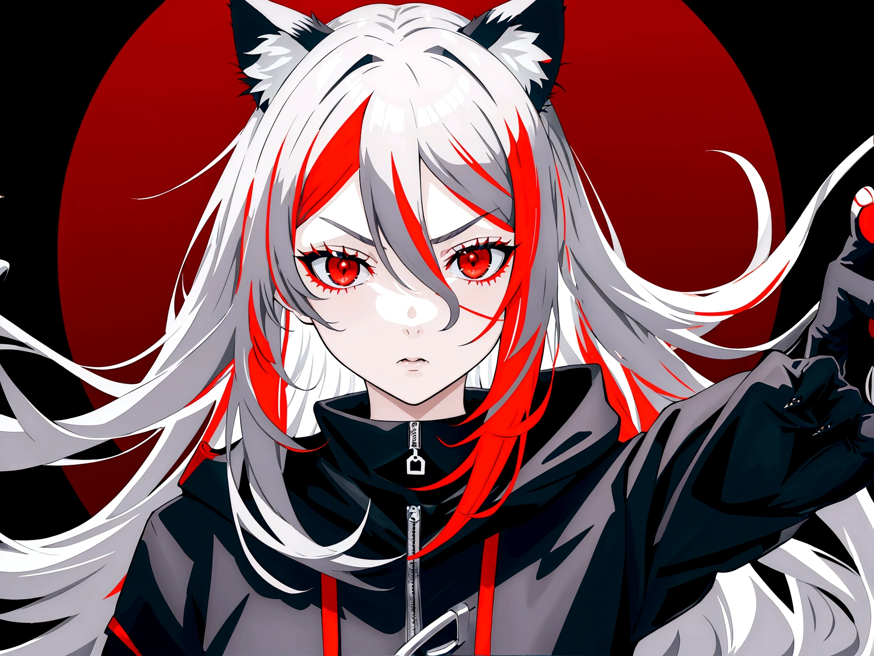 1 girl, beautiful face, cool, intimidation, red eye, long hair, gray hair, cat ear, black jacket, red t-shirt, nature place