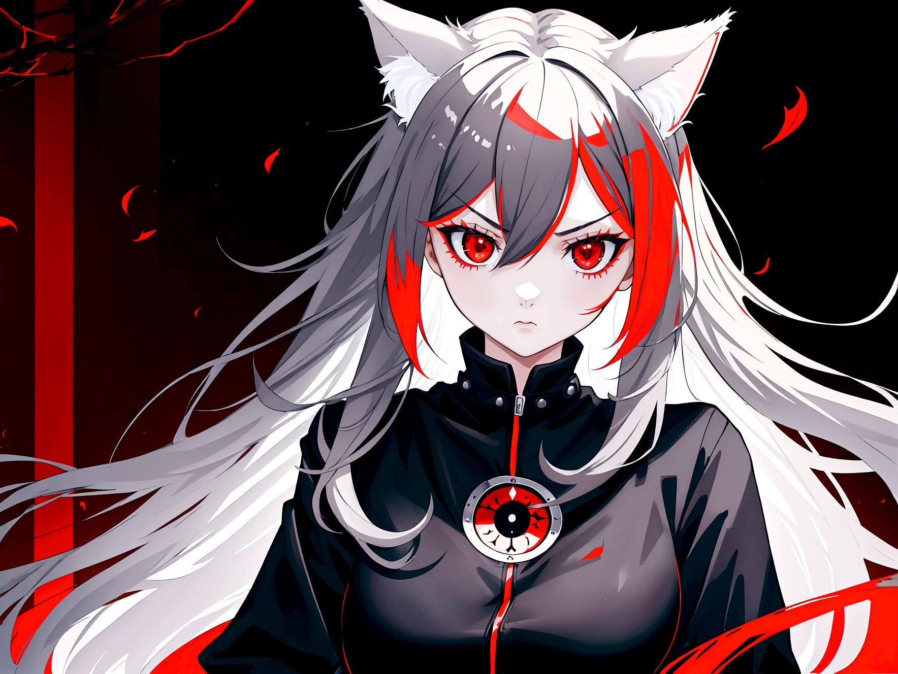 1 girl, beautiful face, cool, intimidation, red eye, long hair, gray hair, cat ear, black jacket, red t-shirt, nature place