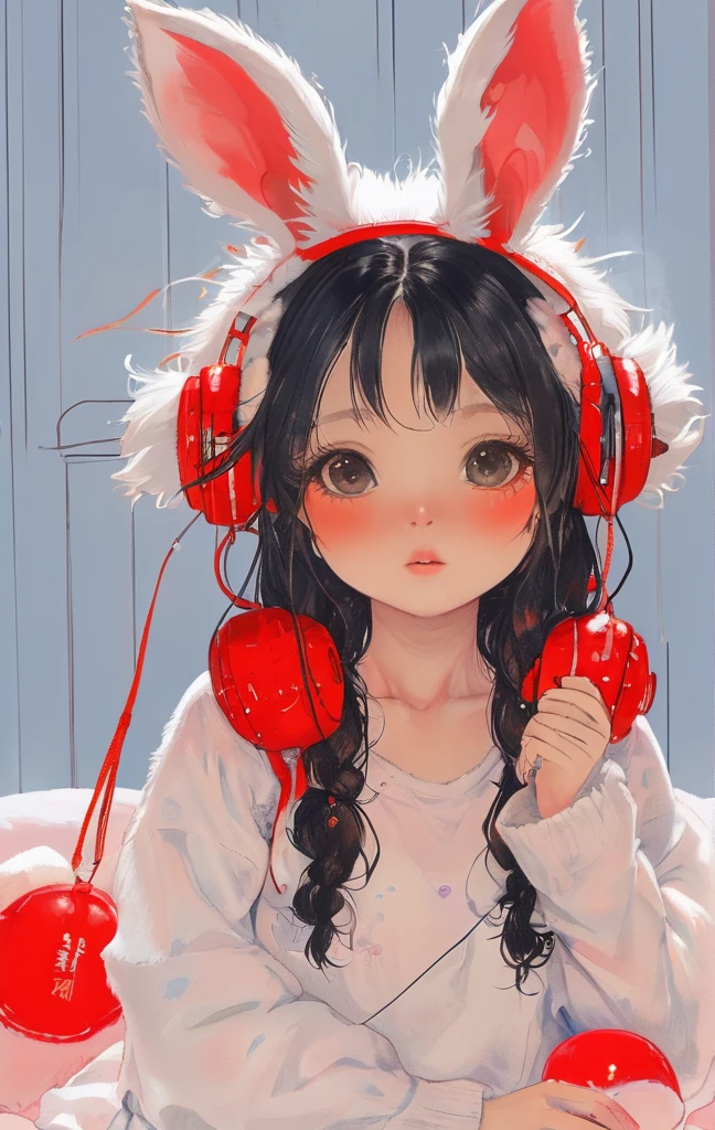 On a bright red campus"YES"Character、beautiful illustration, best quality, cute girl, bedroom, pastel color, fluffy bunny ears, , silver long hair, rabbit stuffed toy, bright lighting, light pink eyes