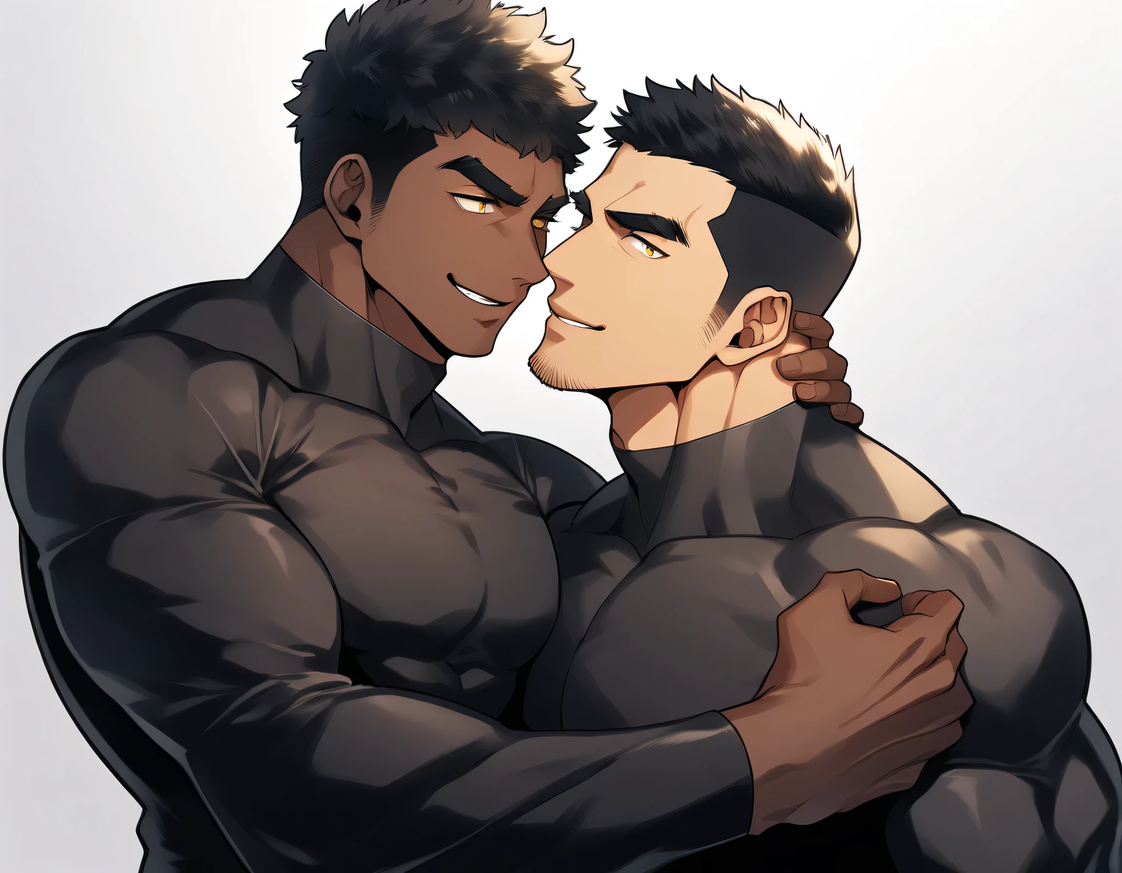 anime characters：Two superheroes in tights, Muscle superhero, negro black skin, They hugged and kissed each other, Bite your neck, Caress, Manliness, male focus, Yellow and black high collar long sleeve tight T-shirt, Slightly transparent material, Very tight, Round, full and perky chest muscles, Male dog waist, Slightly transparent, muscular male, muscular, only, Upper body, alone, Black short hair, Thick eyebrows, stubble, Yellow eyes, Grey background, simple background, amazing quality, best aesthetics, Ridiculous, bright pupils, crew cut, parted lips, seductive smile, torogao, naughty face, drop shadow, best quality