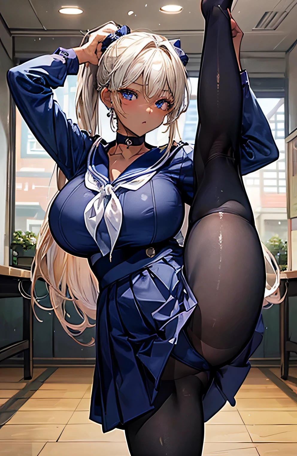 (masterpiece:1.2、Highest quality、Tmasterpiece)、1 female、alone、classroom、Day、(Are standing)、whole body、blonde、ponytail、blue eyes、(Navy blue sailor suit:1.4)、(Dark Skin:1.4)、Big Breasts、Long sleeve、corset、Earrings、lipstick、(pantyhose:1.2)、Sweaty、choker、Scrunchie、mini skirt、blush、Covered breasts、Bangs braids、(Thick lips:1.2)、((Standing Split:1.5))、((Raise one leg:1.4))