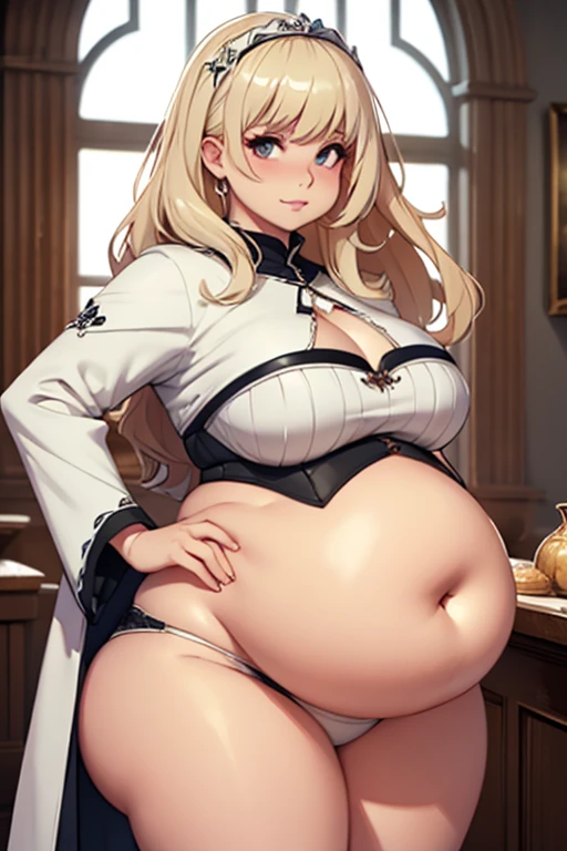 (Best quality), (detailed), (high res, 4k), chubby knight lady, white clothing, fair appearance, blonde long hair, cute face, big ass, wide hips, small belly, looking at viewer, sexy face, sexy pose, (19th cnetury britain)