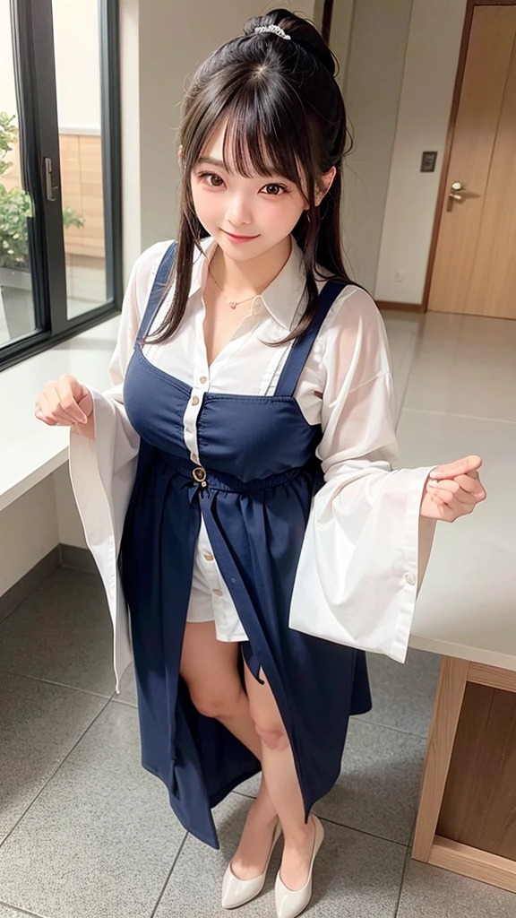 College student, beautiful woman, in college, frontal, full body, smiling, exquisite, highest definition, highest quality, meticulous detail, perfect, neat, 32k
