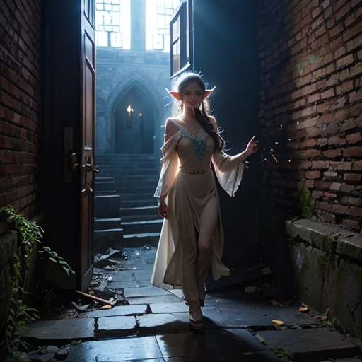 captivating surreal and abstract artwork depicting a beautiful elf with beautiful hair and crystal clear eyes 
that emerges from the shadows. She has two luminescent orbs (that guide her), in front of her, and she passes through cracked walls and barriers, symbolizing overcoming obstacles and leaving the past behind. The old, worn walls that are crumbling to reveal his determined facial expression, illuminated by a warm and welcoming light. The figure moves towards the light, embodying the journey of embracing a new, unburdened life.Less