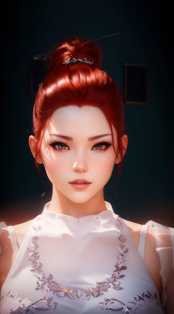 There is a woman with red hair and a white top, With a very detailed face, Highly detailed figure, Inspired by Sim Sa Jeong, Up close and personal, Close character, Realistic image of an anime girl, صورة Close character, Artgerm ; Unreal Engine 3D, Close-up profile, Glowing ceramic skin, Photo realistic kawaii, The real reward