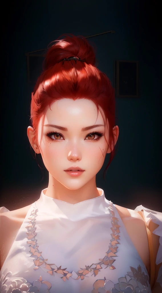 There is a woman with red hair and a white top, With a very detailed face, Highly detailed figure, Inspired by Sim Sa Jeong, Up close and personal, Close character, Realistic image of an anime girl, صورة Close character, Artgerm ; Unreal Engine 3D, Close-up profile, Glowing ceramic skin, Photo realistic kawaii, The real reward