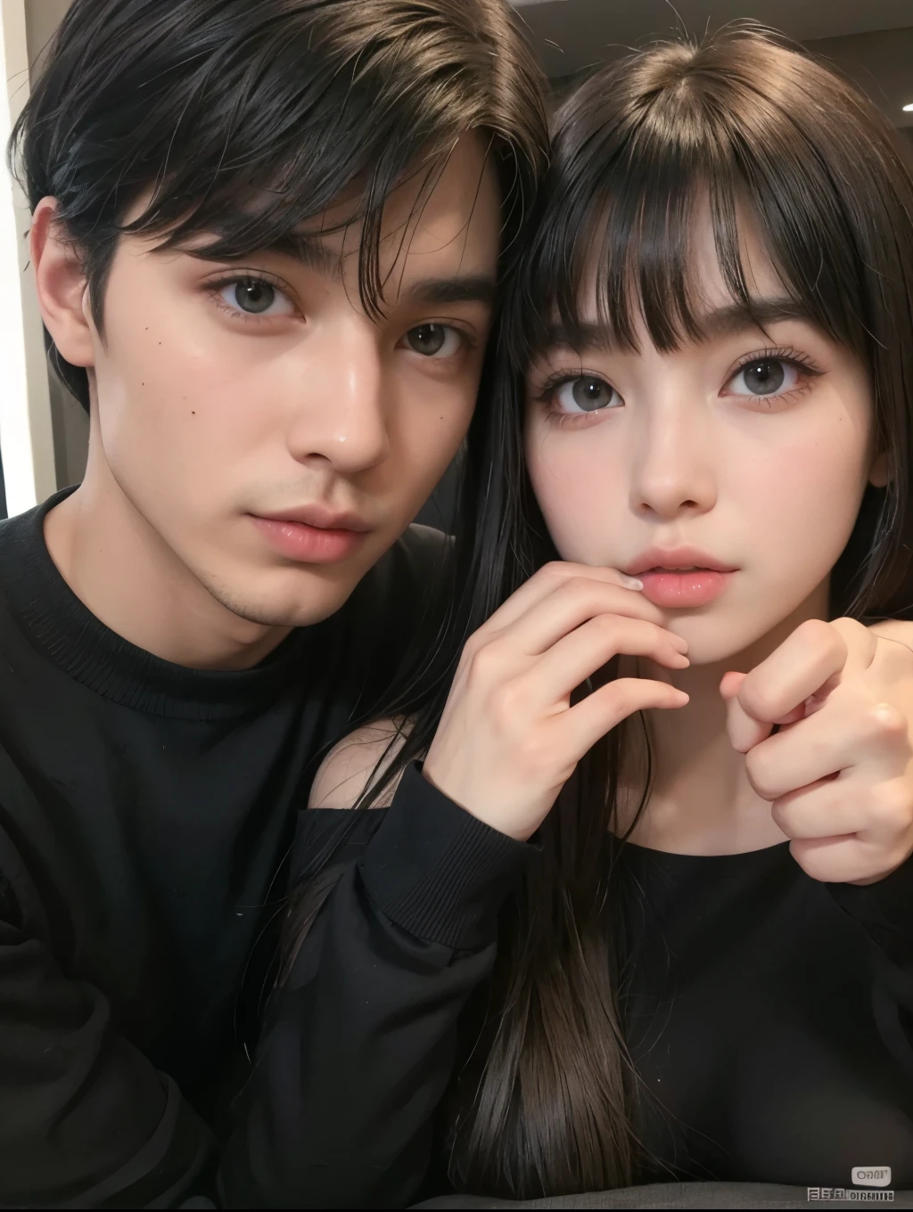 Perfect Man y Woman, perfect mouth, perfect toes, perfect mouth, Flawless nose, perfect dark eyes, perfect and long straight black hair with bangs, big and beautiful breasts.