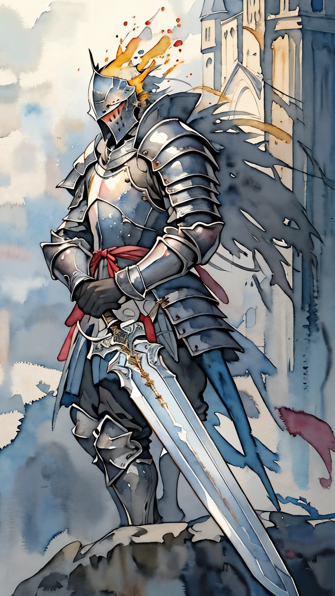 (masterpiece:1.2),(Highest quality),(Very detailedな),(Ultra-high resolution),8K,(Dark Souls Style),((watercolor)),(Holy Knight),Holy Knightの剣,Holy Knightの鎧,Holy Knightの盾,(One person: 1.5),Very detailed,The background is a gradient of white, gray and yellow,beautiful sword,Beautiful Armor,Beautiful shield,((hands)),The background is a beautiful castle in the sky