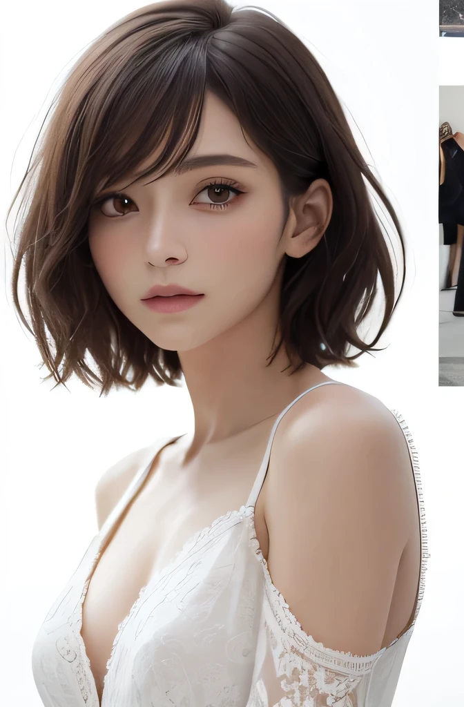 8k Ultra HD、RAWphoto、Model photo shoot、 European lace、best quality、Practical、high resolution、photo:1.3)、closure、focus on、Popular Models、Slim、30 years old adult、Small face、without make-up、short hair、Beautiful dark brown haine eyes、Real Skin、(Perfect body)、Sexy hot face、、Sexual Vision、Slim、shirt、Long sleeve、Hide your breasts、Beautiful eyes in every detail、Glossy lips、Small Breasts、Small Breasts、Bust B cup、((Bright Light、Dynamic Lighting、real、超real、 Realism、Realistic details、Cruel beauty、Cool pose、Background white、Pure white background