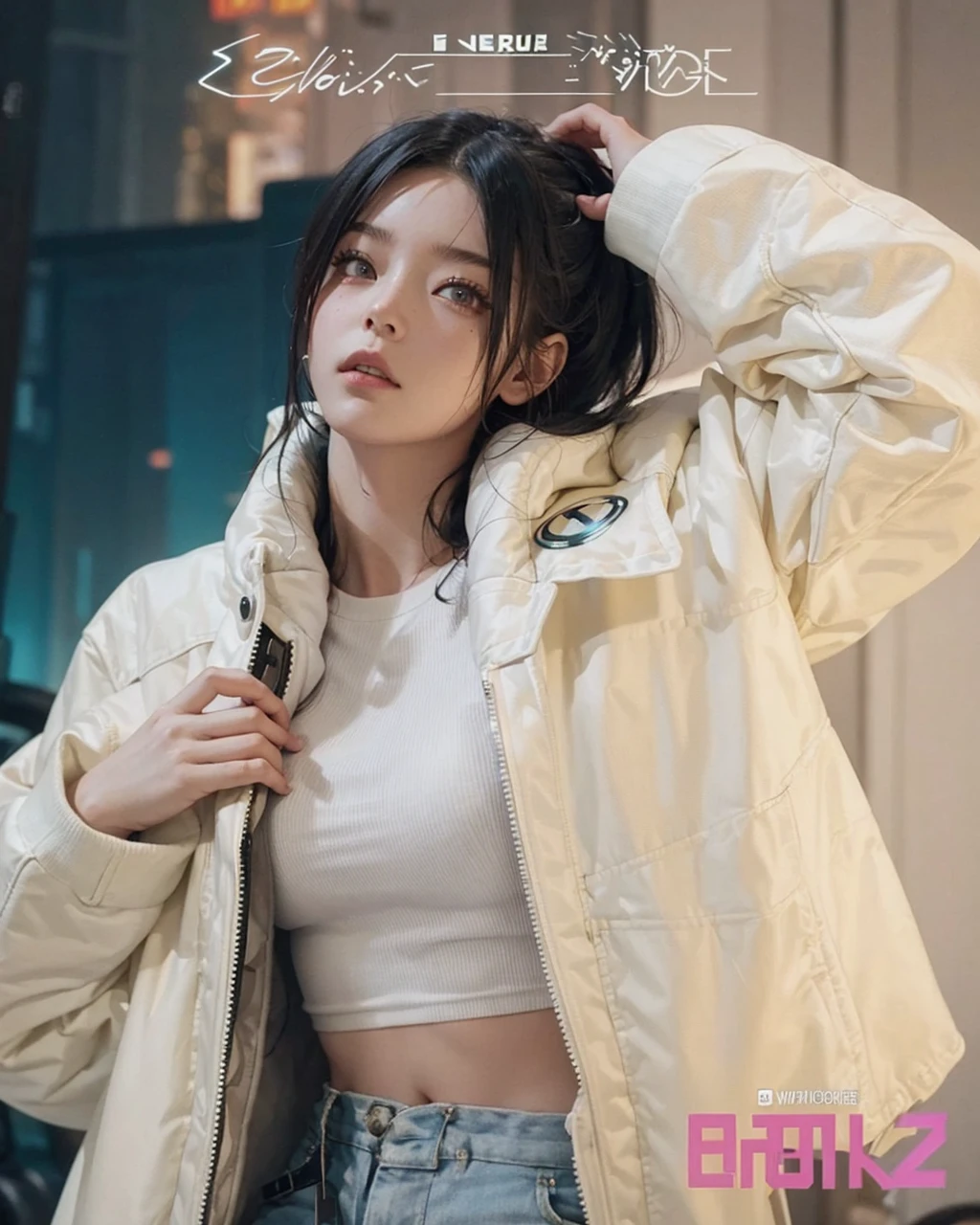 cyberpunk girl walking through a bustling, neon-lit metropolis feeling utterly alone despite the throngs of people around her. What memories haunt her, and how does she cope with her solitude?