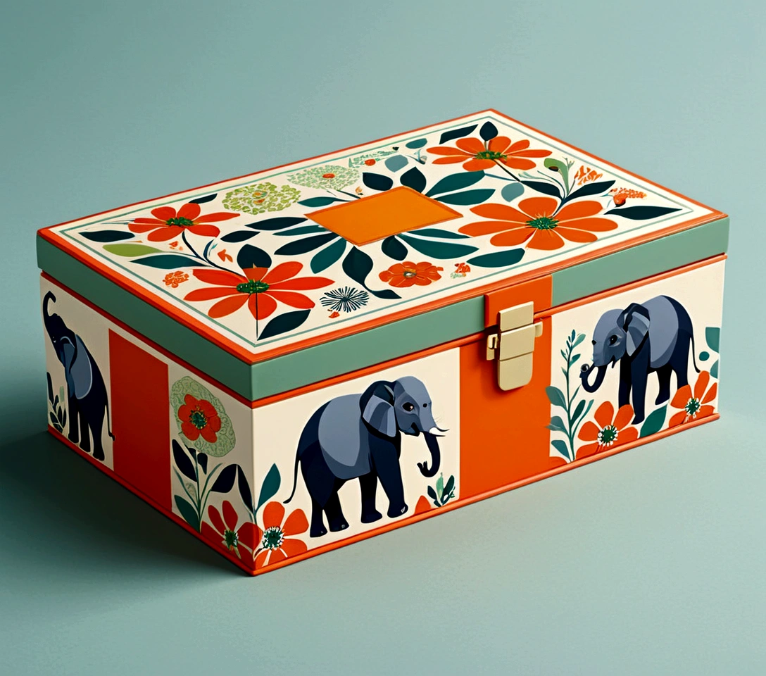 Beautifully designed flat rectangular box，With handle, With carrying handle, Imperial Grid, Blooming Flowers, printing a Lovely little elephant, Geometric lines, The Minimalists, Modern, High-end, Lovely, Color blocking, Floral Pattern, Orange and green, illustration, cartoon, Geometric style, Exquisite and detailed, Flat color vector design style,...