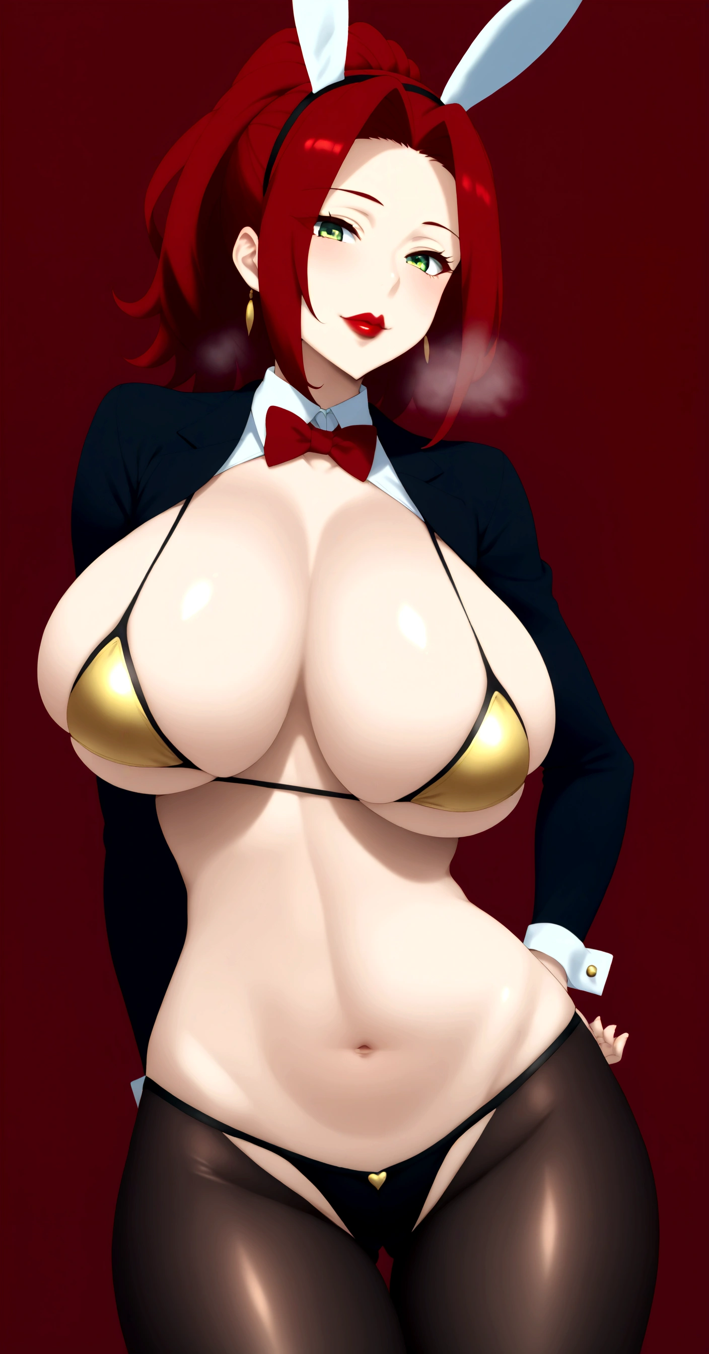 score_9, score_8_up, score_7_up, score_6_up, uncensored, Malty s Melromarch, medium hair, red hair, parted hair, green eyes, lips, horny face, blush face, naughty face, sweating, BREAK (masterpiece:1.2), best quality, high resolution, unity 8k wallpaper, (illustration:0.8), (detailed eyes:1.3), perfect lighting, extremely detailed CG, (perfect hands, perfect anatomy), muscular female, shiny skin, detailed body, curvy, anatomically correct, heavy breathing, huge breasts, 1girl, breasts, navel, bunny_ears, simple_background, hand_on_hip, bow, bikini, looking_at_viewer, fake_animal_ears, groin, solo, long_sleeves, jacket, reverse_bunnysuit, bowtie, red lips, 