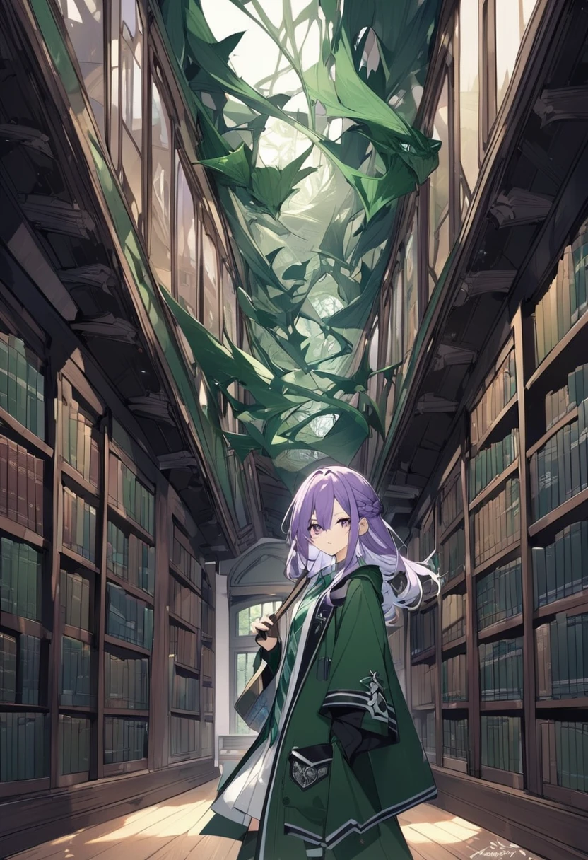 Keito。Purple Eyes。Purple Hair。Slytherin House。library。