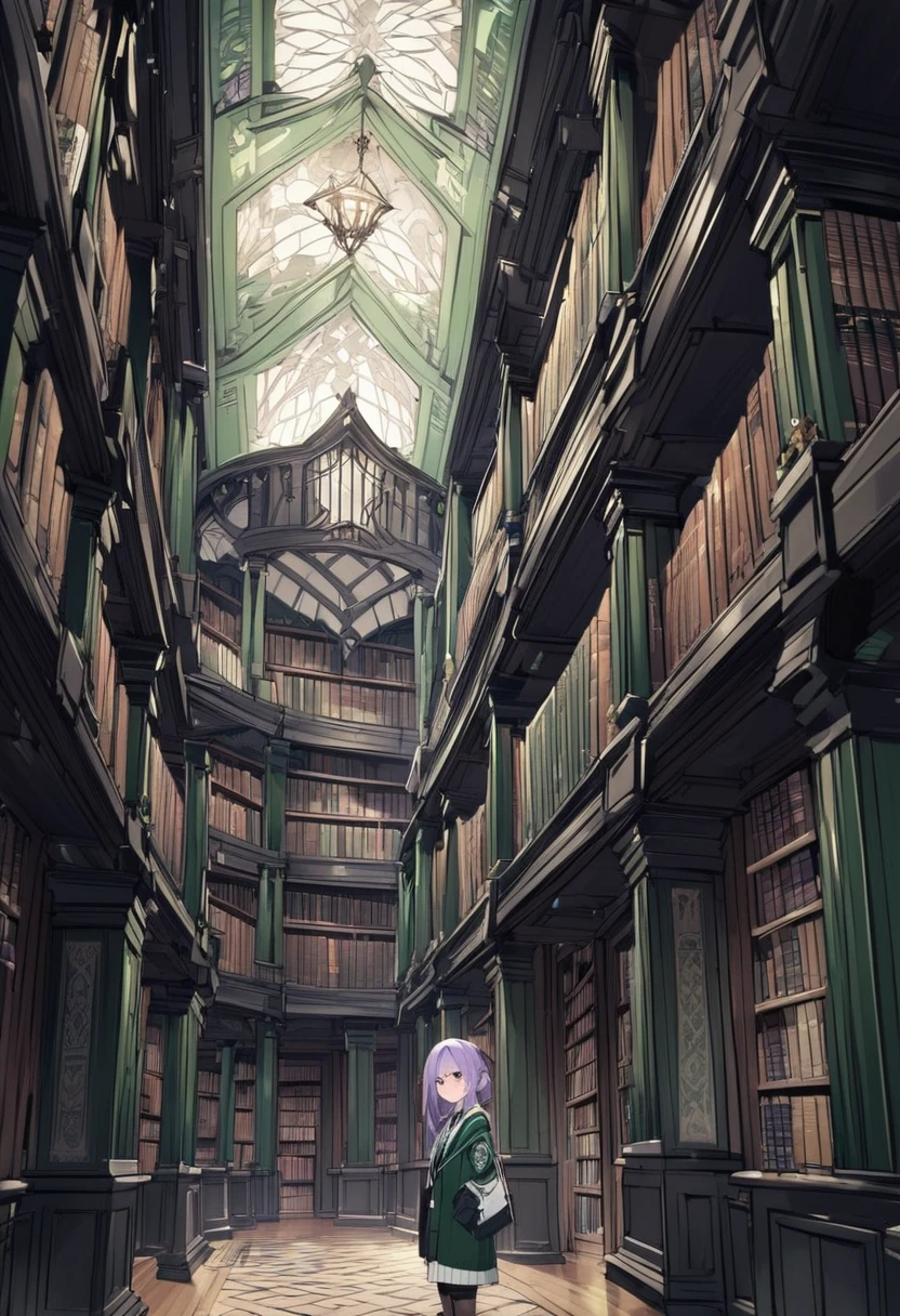 Keito。Purple Eyes。Purple Hair。Slytherin House。library。