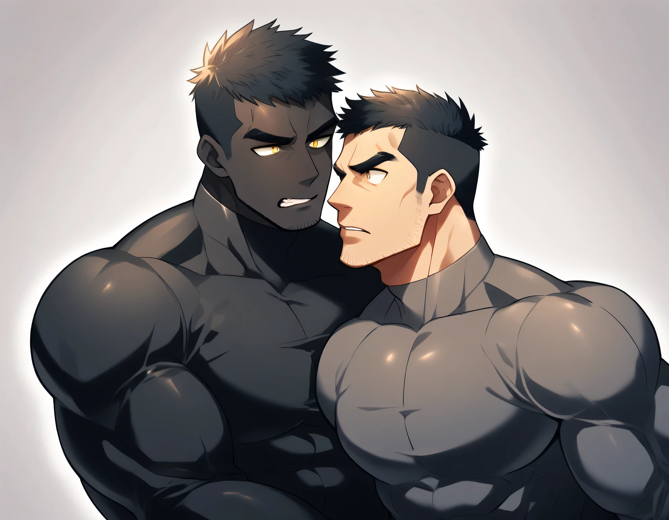 aanime characters:Two superheroes in tights, Muscle superhero, Black Short Hair, negro black skin, They hugged and kissed each other, Bite your neck, Caress, Manliness, male focus, Yellow and black high collar long sleeve tight T-shirt, Slightly transparent material, Very tight, Round, full and perky chest muscles, Male dog waist, Slightly transparent, muscular male, muscular, only, Upper body, alone, Black Short Hair, Thick eyebrows, stubble, Yellow eyes, Grey background, simple background, amazing quality, best aesthetics, Ridiculous, bright pupils, crew cut, parted lips, heavy breathing, pain, horrified, drop shadow, best quality