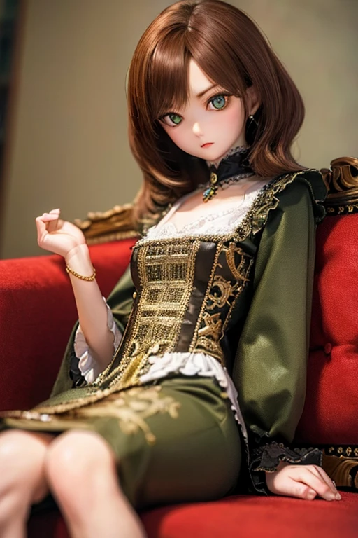 photorealistic, realistic photo, ((highest quality)), ((masterpiece)), kukolnydom, doll, (mature woman:1.6), solo, ((eye level shot, sitting on sofa, reclining on sofa, skinny, slender, slim, brown hair, parted lips)), detailed face, green eyes, (looking down:1.3), (eyes out of focus, emotionless eyes, blank stare, empty eyes, detailed eyes), blouse, castle, 8k