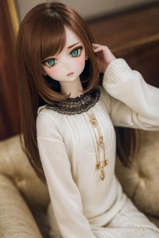 photorealistic, realistic photo, ((highest quality)), ((masterpiece)), kukolnydom, doll, (mature woman:1.6), solo, ((eye level shot, sitting on sofa, reclining on sofa, skinny, slender, slim, brown hair, parted lips)), detailed face, green eyes, (looking down:1.3), (eyes out of focus, emotionless eyes, blank stare, empty eyes, detailed eyes), blouse, castle, 8k