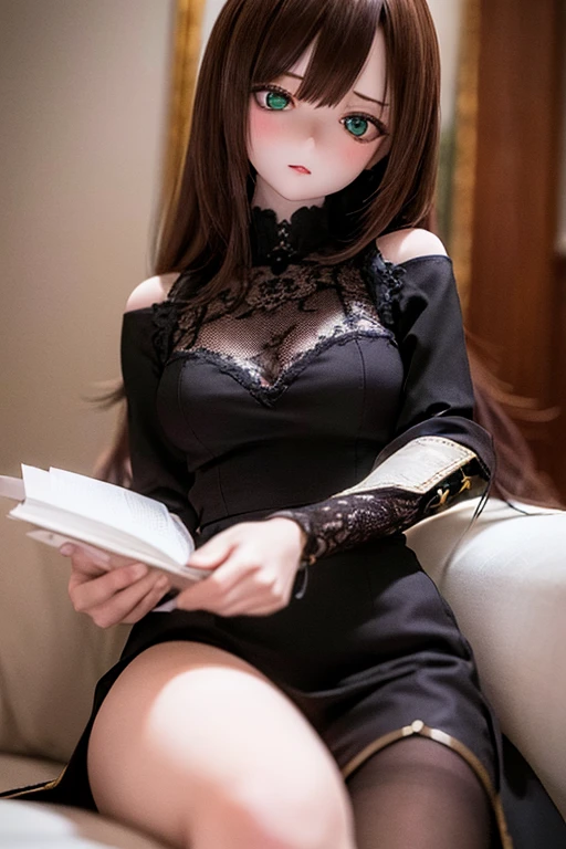 photorealistic, realistic photo, ((highest quality)), ((masterpiece)), kukolnydom, doll, (mature woman:1.6), solo, ((eye level shot, sitting on sofa, reclining on sofa, skinny, slender, slim, brown hair, parted lips)), detailed face, green eyes, (looking down:1.3), (eyes out of focus, emotionless eyes, blank stare, empty eyes, detailed eyes), blouse, castle, 8k
