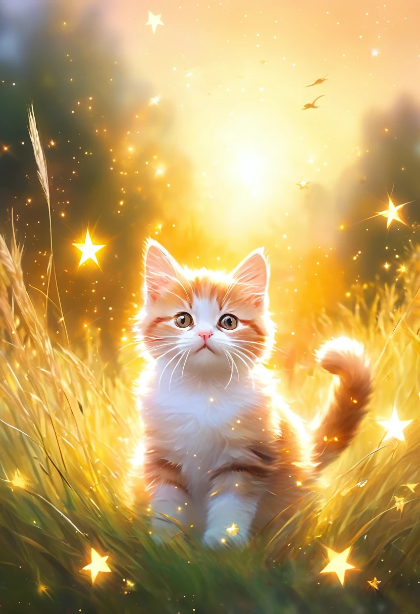 gold light particles effect,Colorful bright sky, cat sitting in a field surrounded by tall grass, pastel painting style, ((airy light effect: 1.5)), bright atmospheric forest image, Star Art Group (Star Star)
